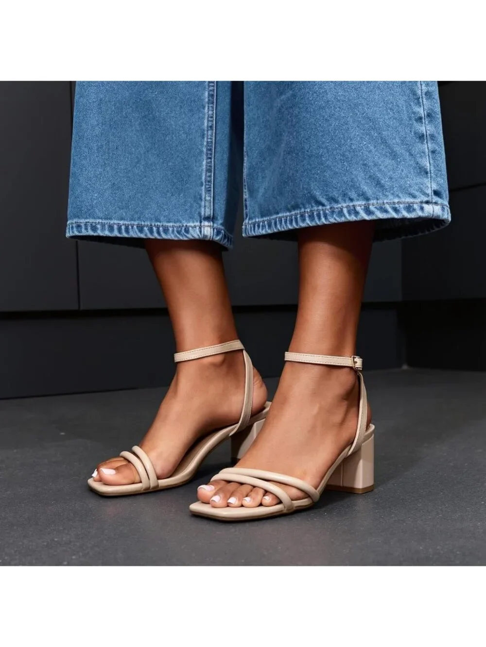 Women's Nude Faux Leather Square-Toe Chunky Block Ankle Buckle Heel Sandals